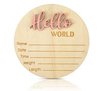 Baby Announcement Sign, LIUCONGBD 5.9 Inch Round Wooden Hello World Sign Newborn, Personalised Birth Board for Hospital Baby Shower Photo Prop Nursery Boys and Girls Gift