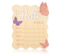 Baby Announcement Sign, Rectangle Wooden Hello World Baby Sign with Flower and Butterfly Patterns Cute Delicate Newborn Plaque for Newborn Boys Girls Photo Props Nursery Home Decor