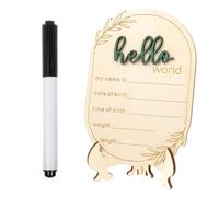 Baby Announcement Sign with Pen and Stand, Hello World Newborn Sign, 6x4 Inch Wooden Newborn Announcement Board, Baby Name Plaque for Nursery and Hospital