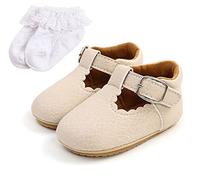 Baby Anti-Slip First Walking Shoes Baby Boys Girls Princess Soft Sole Toddler Shoes Sneakers Infant PU Leather Prewalkers for 12-18 Months with Sock Beige