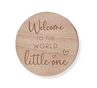 Baby Arrival Sign | Welcome to The World | Hello World l Engraved Name Plaque | Wooden Birth Gift | Social Media Photo Prop Disc | Hearts (Beech Veneer 15 x 15 cm)