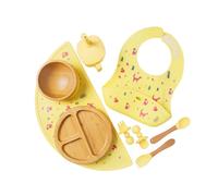 Baby Bamboo Feeding Set for Infants & Toddlers - Baby Essentials, Non-Toxic, Sustainable, Bamboo Suction Cup & Bowl, Bib, Sippy Cup with Lid and Straw, Daily Use
