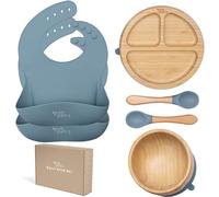 Baby Bamboo weaning Set Presented by Yum Yum's - Bamboo Plate and Bowl Set - Suction Bowl and Plate - Baby Feeding Set - Spoon Set for BLW - 2 Baby weaning Bibs - (Iceberg Blue)