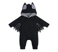 Baby Bat Costume Romper with Hood and Wing Detail | black cotton blend fabric, hooded design with bat ears, wing applique on sleeves, striped hood lining, snap button closure