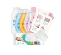 Baby Bath Bundle Set - Complete Newborn Care Kit - Baby Bath, Shampoo, Lotion (300ml), Oil (200ml), Powder (200g) and 52x Wipes Bundled with Sponges