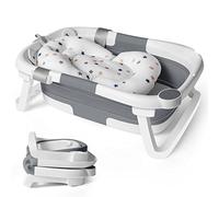 Baby Bath Foldable Tub Collapsible Bathtub Baby Bath Essentials for Newborn with Seat Support Cushion Stand Folding Baths for Toddler 0-12 Months Travel Portable Infant Tubs Soft Bathing Kids Grey
