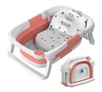 Baby Bath Tub Essentials - Foldable, Collapsible Newborn Bathtub with Non Slip Bath Seat Cushion Stand Pad, Portable Travel (Pink) 0-24 Months