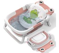 Baby Bath Tub Foldable,Bathtub Essentials for Newborn with Collapsible Bath Support and Non Slip Bath Seat Cushion Stand Pad,Folding Infant Baths Tub to Toddler 0-6-12 Months Portable Travel(Pink)