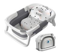 Baby Bath Tub Foldable,Collapsible Newborn Bathtub Essentials with Bath Support and Non Slip Bath Seat Cushion Stand Pad,Folding Infant Baths Tub Toddler 0-24 Months, Portable Travel Save Space(Grey)