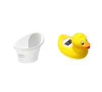 Baby Bath with Plug White with Grey backrest & TensCare Digi Duckling Digital Water Thermometer and Baby Bath Time Toy, Yellow
