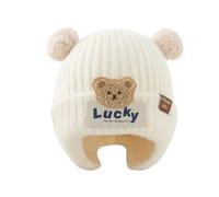 Baby Beanie Hat with Ear Flaps,1Piece Lucky Cute Bear Warm Knitted Fleece Lined Kids Winter Hat,Dual Pom Pom Infant Toddler Cap Beanies for Unisex Boys Girls 6~24 Months (UK, Alpha, One Size, White)