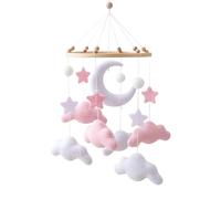 Baby Bed Mobile Wind Chime 45 x 23 cm Wooden Hanging Bed Bell with Felt Balls Moon Stars Clouds Wind Chime Rattle Changing Table Pendant Gentle Movement Soothing Bedroom Children's Room Hanging Bed