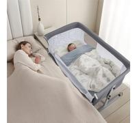 Baby Bedside Crib, Height Adjustable Bassinet with Mosquito Net and Silent Wheels, Large Curvature Cradle, Portable Baby Bed for Newborn, 2-in-1 Bassinet with Storage Basket for Co-Sleeping Grey
