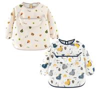 Baby Bibs with Long Sleeves 2 Pcs, Waterproof Weaning Bib with Large Pocket Unisex Machine Washable Adjustable Feeding Apron for Infant Toddler Painting 6 Months to 3 Years Old (Bear & Dinosaur)