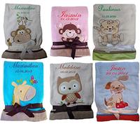 Baby Blanket Owl Dog Monkey Giraffe Leopard Embroidered Name Gift Baby Christening Birth (Pink)