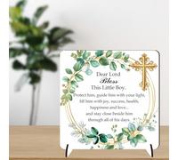 Baby Blessing Plaque | Christening Baptism Gift | Religious for Baby Boy or Girl | Godchild Prayer Plaque | Catholic Dedication Gift (Boy - Green Leaf, MDF Wood, Small: 9.5 cm (H) × 9.5 cm (W))