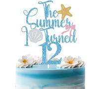 Baby Blue Glitter the Summer I Turned 12 Cake Topper, Hawaiian Summer Tropical Birthday Decor, Shell Starfish Themed 12th Birthday Party Decorations Supplies