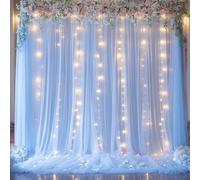 Baby Blue Sheer Tulle Backdrop Curtains with Lights String for Parites Baby Shower Decorations for Boy Bridal Shower Birthday Party Photo Shoot Background Wall Decorations 10×8ft (2 Panels 5×8ft)