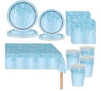 Baby Blue Shiny Glitter Diamond Party Tableware for Girls,81pcs Blue Birthday Dinnerware Paper Plates Cups Napkins and Tablecloth Set for Her Birthday Gifts Princess Party Supplies Table Décor