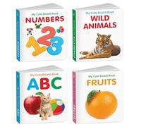 Baby board books collection - ABC, Wild Animals Fruits and Numbers : Pocket-sized kids educational books, All-in-one toddler learning set, Cute board book for kids | Pack of 4 Books for kids