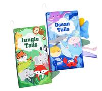 Baby Book Toys, Baby Cloth Books 0-6 Months, Soft Crinkle Books with Animals Tail, Toddler Early Development Interactive Sensory Books, Gifts for Shower Birthday Party (Ocean + Jungle)