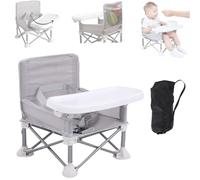 Baby Booster Seat with Removable Tray - Folding Dining & Camping Chair for Toddlers, Beach, Kitchen - Portable, Grey