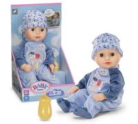 BABY born Alex with blue romper, soft 36cm tall baby doll with fabric body and sleeping eyes in ottle
