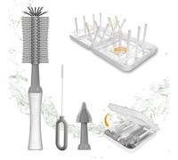 Baby Bottle Brush Set,Travel Essential-6 in 1 Bottle Cleaner Kit with Silicone Bottle Brush,Nipple Cleaner Brush,Straw Brush,Soap Dispenser,Storage Box,Bottle Drying Rack,Ideal Gifts for Babies& Moms