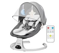 Baby Bouncer, Portable Electric Baby Swing with Bluetooth, 5 Swing Speed, 3-Stage Timer, 5-Point Harness, Remote Control & Touch Panel, Bouncer from Birth with 2 Soft Toys & Soft Pillow (Grey)