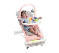 Baby Bouncer with Detachable Piano Toys, Baby Rocker with Feeding Tray, Removable Toy Bar, Thickened Cushion and Wheels. 4-Level Adjustable Bouncer Chair for Infants 0-18 Months (Light Pink)
