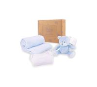 Baby Box Shop - 4 Newborn Baby Essentials, Baby Boy Gift - Includes a Blue Teddy Bear, White Baby Bodysuit and Blue Fleece Baby Blanket - Ideal as Baby Shower Gifts & Christening Gifts for Boys
