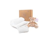 Baby Box Shop - 4 Newborn Baby Essentials, Unisex Baby Gift - Includes a Beige Teddy Bear, White Baby Bodysuit and Beige Fleece Baby Blanket - Ideal as Unisex Baby Shower Gifts & Christening Gifts