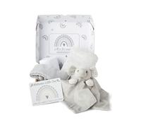 Baby Box Shop - 5 Newborn Essentials Ideal as and Christening Baby Gifts Unisex, Includes a Grey Elephant Baby Comforter, Flannel Wrap, 2x Muslin Cloths & Gift Message Card