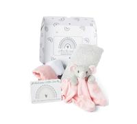 Baby Box Shop - 5 Newborn Essentials Ideal as Baby Shower Gifts & Christening Gifts for Girls, Includes a Pink Elephant Baby Comforter, Flannel Wrap, 2X Muslin Cloths & Gift Message Card