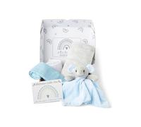 Baby Box Shop - 5 Newborn Essentials Ideal as Christening Gifts for Boys, Includes a Blue Elephant Baby Comforter, Flannel Wrap, 2x Muslin Cloths & Gift Message Card