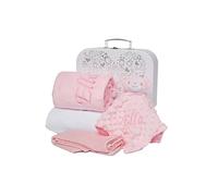 Baby Box Shop Baby Girl Gift Hamper in White Case - Newborn Gift Set with Hooded Towel, Pink Muslin Cloth, Welcome Card & Optional Personalised Pink Baby Blanket or Comforter
