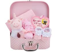 Baby Box Shop Baby Girl Gift Set Newborn Essentials in a Keepsake Box - All-in-One Ready-to-Gift Baby Shower Gift for Girls with Rattle Bib Booties Mittens Hat Muslin Cloth - Premium Baby Girl Hamper