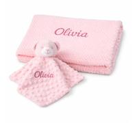 Baby Box Shop Personalised Baby Blanket & Bear Comforter Bundle - Embroidered Newborn Essentials, Personalised Blanket with Teddy Bear Comforter, Soft Customised Blanket for New Born Baby Girls (Pink)
