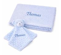 Baby Box Shop Personalised Baby Blanket & Bear Comforter Bundle - Embroidered Newborn Essentials, Personalised Blanket with Teddy Bear Comforter, Soft Customised Blanket for New Born Baby Boys (Blue)