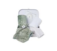 Baby Box Shop Personalised Baby Gift Hamper - Unisex Newborn Gift Set in White Keepsake Case with Blanket, Hooded Towel, Milestone Card & Bear Comforter - Baby Shower Gifts for Boys or Girls (Sage)