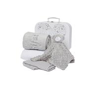 Baby Box Shop Personalised Baby Gift Hamper - Unisex Newborn Gift Set in White Keepsake Case with Blanket, Hooded Towel, Milestone Card & Bear Comforter - Baby Shower Gifts for Boys or Girls (Grey)