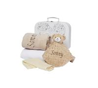 Baby Box Shop Personalised Baby Gift Hamper - Unisex Newborn Gift Set in White Keepsake Case with Blanket, Hooded Towel, Milestone Card & Bear Comforter - Baby Shower Gifts for Boys or Girls (Beige)