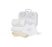 Baby Box Shop Personalised Baby Gift Hamper - Unisex Newborn Gift Set in White Keepsake Case with Blanket, Hooded Towel, Milestone Card & Bear Comforter - Baby Shower Gifts for Boys or Girls (White)
