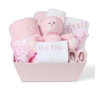 Baby Box Shop Personalised Baby Gift Set - 12 Baby Girl Essentials with 3 Personalised Baby Girl Gifts - Baby Girl Gifts, Newborn Baby Girl Hamper Basket Gifts with Personalised Baby Blankets, Pink