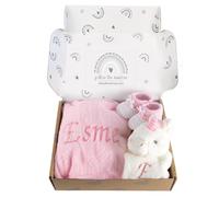 Baby Box Shop - Personalised Baby Girl Gifts: Personalised Baby Blanket & Unicorn Comforter with Pink Cotton Booties, Ideal for Christening Gifts