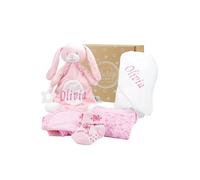 Baby Box Shop - Personalised Baby Girl Gifts - Personalised Baby Hooded Towel & Personalised Rabbit Baby Comforter with 4 Newborn Essentials, Ideal as Baby Shower Gifts & Christening Gifts for Girls