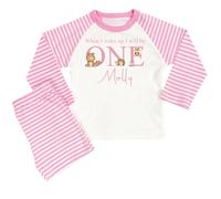 Baby Box UK Girls Personalised Birthday Pyjamas - 'When I Wake Up I Will Be' PJs - 1st Birthday - Pink Stripe Woodland Animals, 5-6 Years