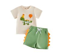 Baby Boy 1st/2nd Birthday Outfits Dinosaur Letter Embroidery Short Sleeve T-shirt Tops and Elastic Waist Shorts with Pockets Sets 2Pcs Infant Boys First Birthday Clothes (Green Two, 2-3 Years)