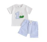 Baby Boy 1st Birthday Outfit Short Sleeve Top and Shorts 1 Year Old Baby Birthday Clothes for Cake Smash (Striped 1 Golf Light Blue, 12-18 Months)
