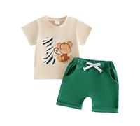Baby Boy 1st Birthday Outfits Giraffe/Lion/Monkey Number Print Short Sleeve T-Shirt Tops and Solid Color Elastic Waist Shorts Sets 2Pcs Infant Boys First Birthday Clothes Set (Green, 12-18 Months)